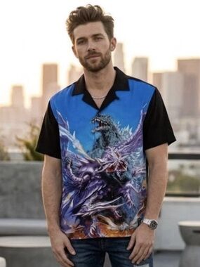 NWT Rare Collectible Teddy Fresh Godzilla vs. Megaguirus Camp Shirt Size S